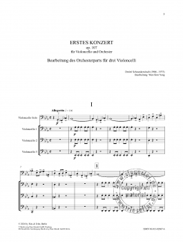 Erstes Konzert op. 107 für Violoncello und Orchester - Bearbeitung des Orchesterparts für drei Violoncelli -