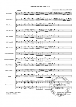 Concerto F-Dur (SeiH 232) für je zwei Solo-Flöten, Solo-Oboen, Solo-Fagotte, Solo-Violoncelli, eine Solovioline und Orchester