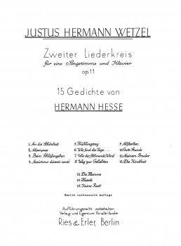 Zweiter Liederkreis op. 11 -Fünfzehn Hesse-Lieder für Gesang und Klavier-