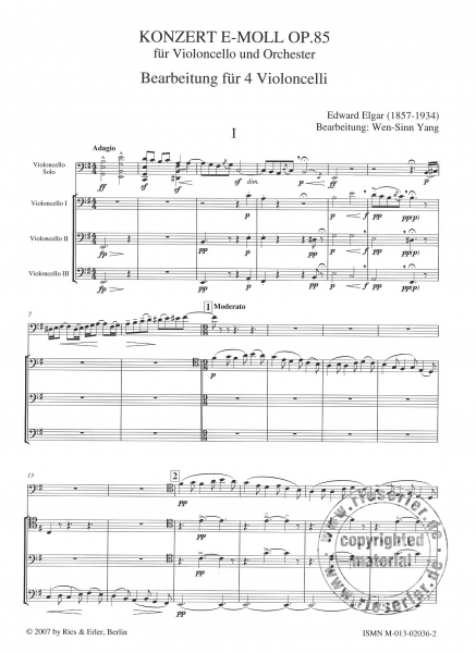 Konzert e-Moll op. 85 für Violoncello und Orchester -Bearbeitung für 4 Violoncelli-