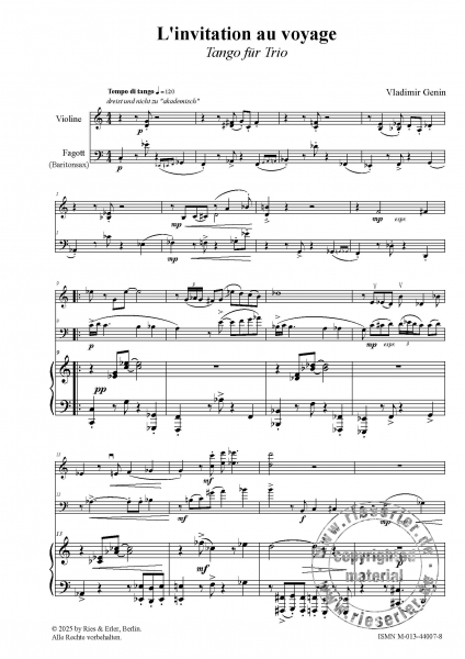 L'invitation au voyage - Tango für Trio (Violine, Fagott/Baritonsaxophon, Klavier)