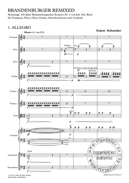 Brandenburger Remixed für Trompete, Flöte, Oboe, Violine, Streichorchester und Cembalo
