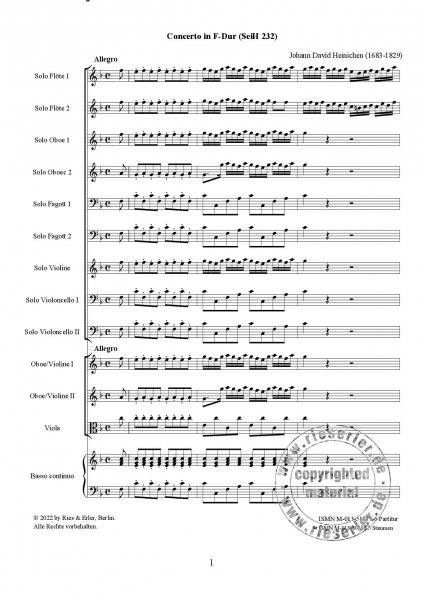 Concerto F-Dur (SeiH 232) für je zwei Solo-Flöten, Solo-Oboen, Solo-Fagotte, Solo-Violoncelli, eine Solovioline und Orchester