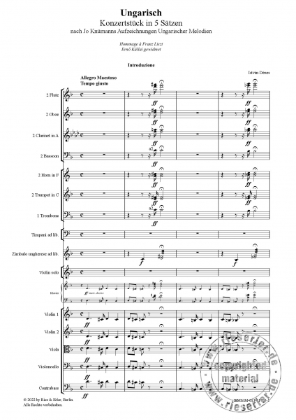 Ungarisch - Konzertstück in 5 Sätzen für Violine und Orchester (Set)