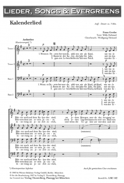 Kalenderlied (Männerchor-Chorpartitur)