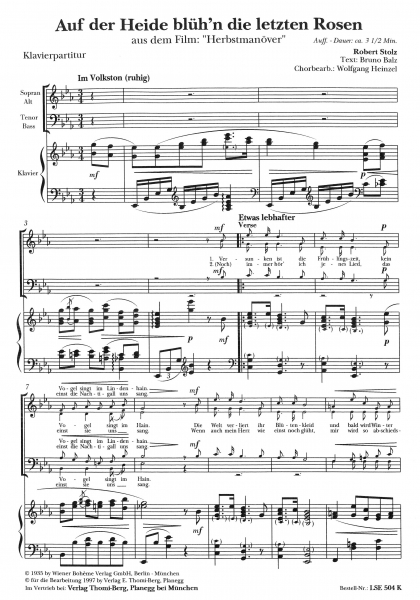 Auf der Heide blühn die letzten Rosen (Gem.Chor-Klavierpartitur)
