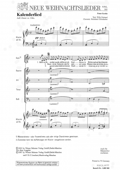 Kalenderlied (Gem.Chor-Chorpartitur)