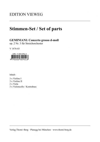 Concerto grosso d-moll op. 2 Nr. 3 für Streichorchester und Continuo (Stimmen-Set)